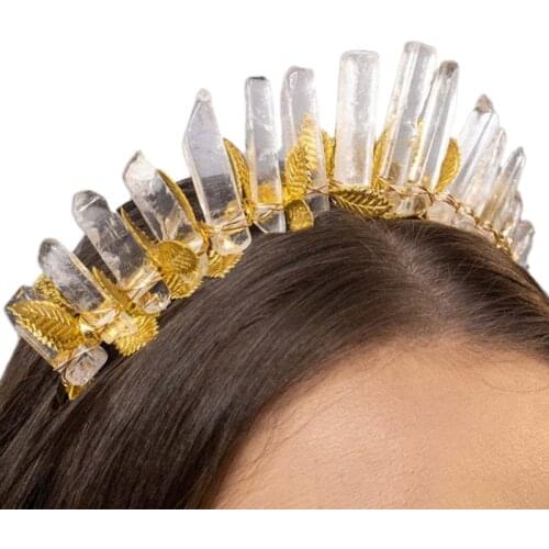 H58E Metal Leaf Goddess Tiara Crown Headband Raw Crystal Quartz Jewelry Halo Hairband