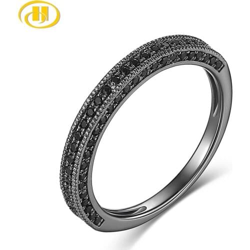 Hutang 100% Genuine 925 Sterling Silver Forever Clear Black CZ Circle Round Finger Rings for Women Jewelry Christmas Gift