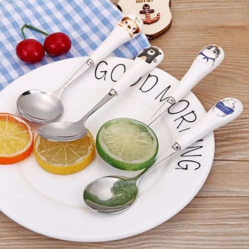 Cute Baby Ceramic Spoon Cartoon Cat Rabbit Stainless Steel Dessert Stirring Teaspoon Fruit Coffee Spoons Portable Travel Cutlery