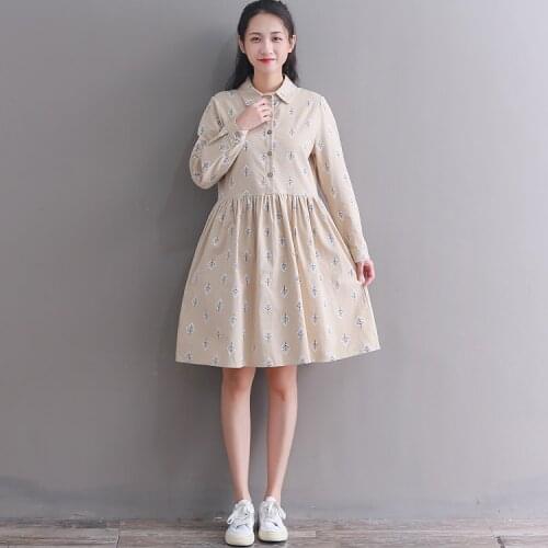 Spring autumn leaf print kawaii dress new fashion preppy style long sleeve beige pink cute cotton mini dress