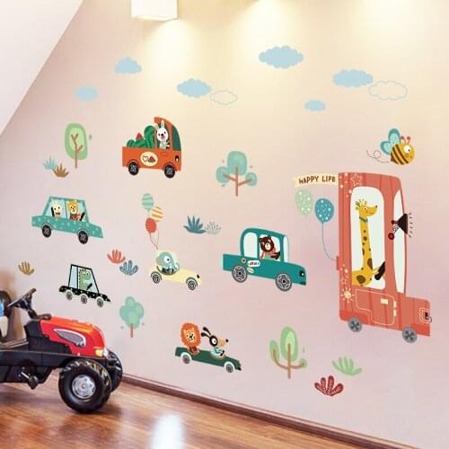Cartoon Animal Car Wall Sticker Kids Room Decor Aesthetic Bedroom Nursery Wall Decor DIY Decal Mural Self Adhesive 3D Poster