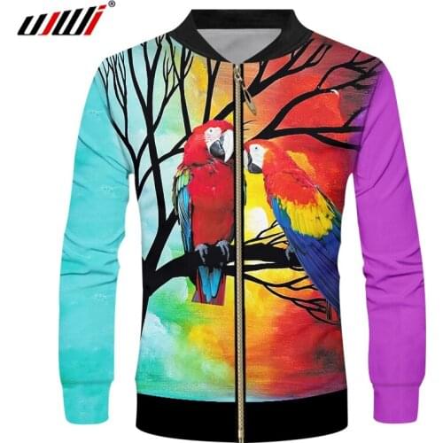 UJWI Man Autumn New Zip Jacket 3D Printed Lovely Red Parrot Colorful Large Size Costume Unisex Zipper Coat Wholesale