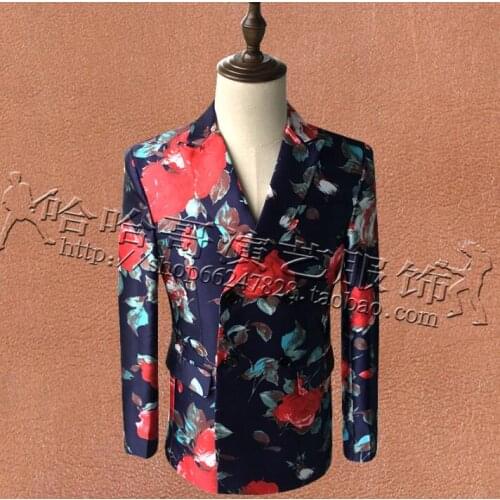 Printed flower suits mens designs stage costumes for singers coat men blazer dance clothes jacket star style dress punk blue