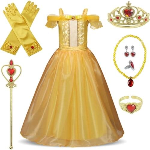 Golden Belle Princess Dress Cosplay Draped Girls Dress Crown Magic Stick Party Kids Dress For Girls Clothing Birthday Ball Gown