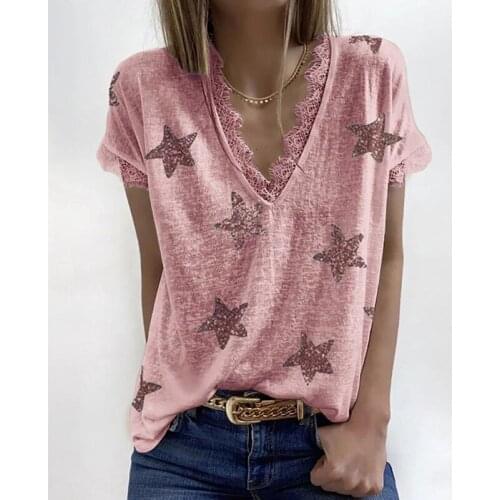Casual Five-Pointed Star Print Women T-Shirt Loose Lace Splicing Short Sleeve Ladies Clothing Summer Plus Size V-Neck Tee Top