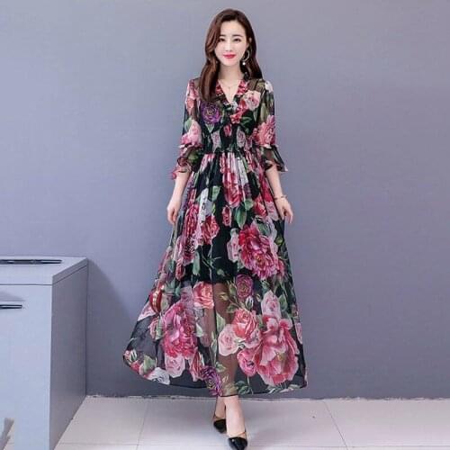 Chiffon Floral Print Short Sleeve V-neck Big Swing Ankle-length Plus Size Slim High Waist Bohemian Beach Party Cocktail Dresses