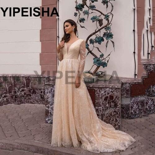 Deep V-Neck Long Sleeve Lace A-Line Evening Dresses Court Train Formal Prom Party Gown robes de soirée vestidos de fiesta