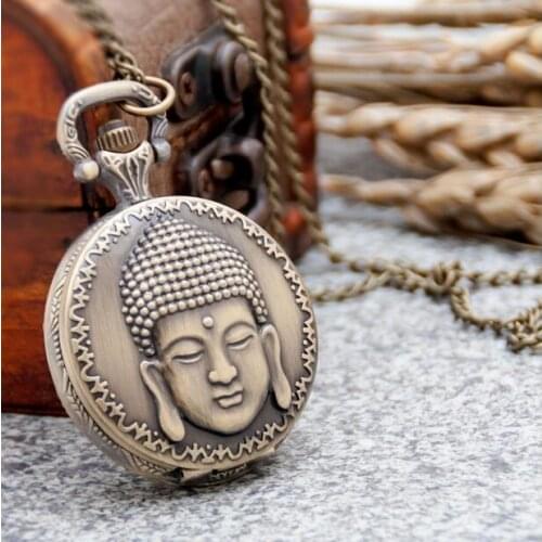 Vintage Bronze antiques Fashion quartz figure of Buddha pattern pendant Modern clock Necklace pocket watches