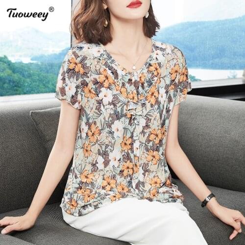 Women short Sleeve Blusas Pullover Fashion Floral Print Chiffon Blouse Shirt Loose Tops Tee Casual Summer Ladies Female tshirt