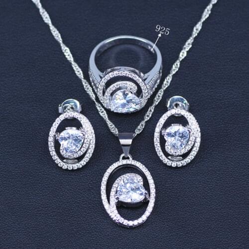 Heart silver color jewelry earrings ring necklace set for women white crystal & zircon jewelry set anniversary gift