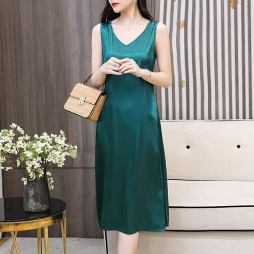 TingYiLi Summer Sexy V-neck Sleeveless Women Dress Red Beige Gray Green Midi Long Dress Korean Elegant Ladies Beach Satin Dress