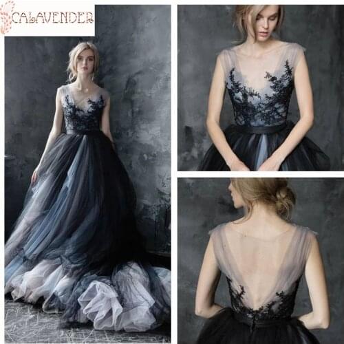 Real Images A-line Scoop Gothic Black Wedding Dress Lace Appliques Tulle Gypsy Wedding Dress Long vestidos de novia Custom Made