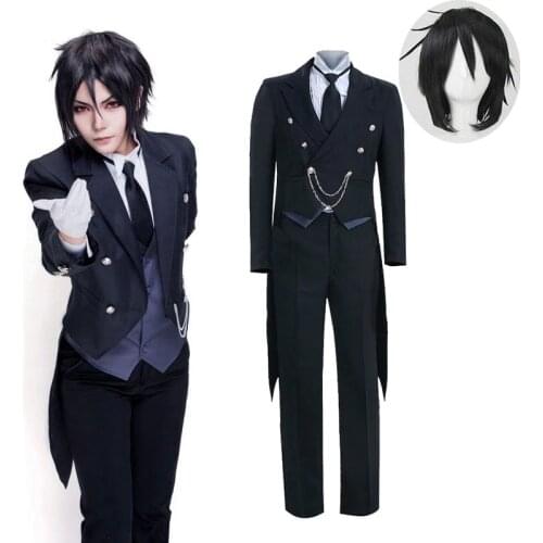 2021 Anime Black Butler Kuroshitsuji Sebastian Michaelis Cosplay Costume Women Men Black Uniform Outfit Halloween Costumes wig
