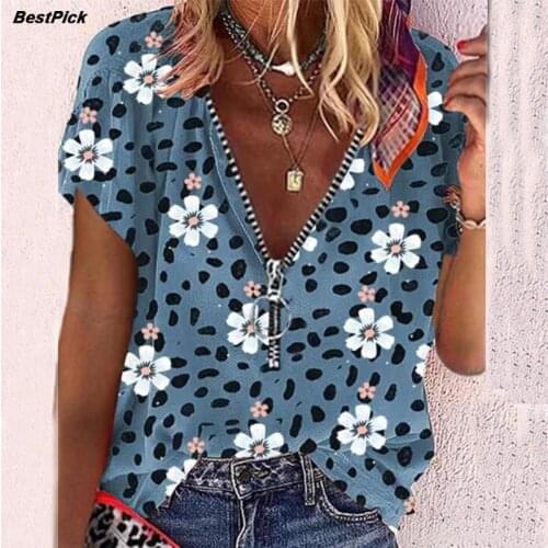 2021 New Sakura Print Women Shirts Short Sleeve Zipper V Neck Womens Blouse Shirt Plus Size Loose Tops Blusa