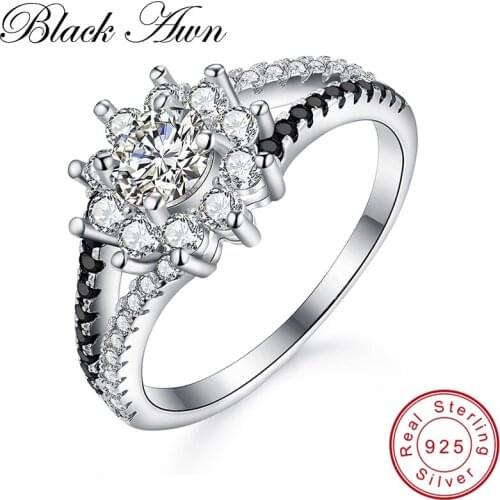[BLACK AWN] 100% Genuine 925 Sterling Silver Jewelry Black&White Stone Engagement Rings for Women C220