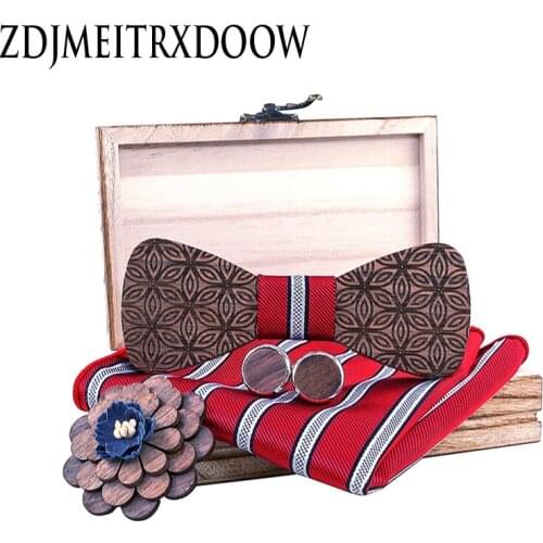 Red Flowers Wooden Bow Tie Hanky Cufflinks Brooch Set Mens Bowtie Wood with Box Fashion corbatas para hombre Novelty tie