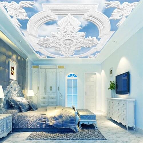 Customized wallpaper 3d white European-style carved blue sky and white clouds mural 3d stereo ceiling TV background wall paper