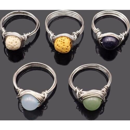 Hand Craft Wire Wrapped Stone Circle Finger Rings Reiki Healing Natural Amethysts Agates Lava Quartz Rings Party Wedding Jewelry