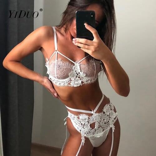 YiDuo Women Underwire Floral Embroidery White Lace Mesh Garter 3 Piece Lingerie Set Ladies Sexy Party Club Underwear Brief Sets