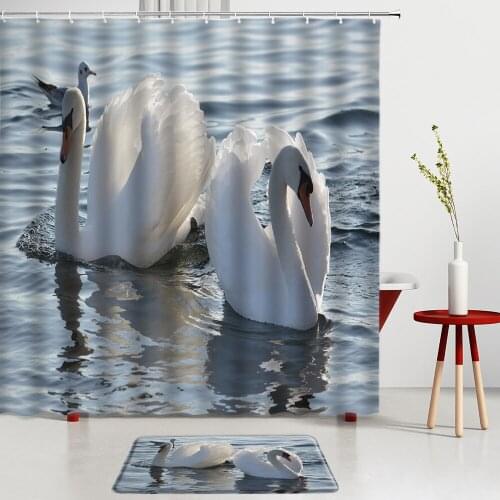 Lake White Swan Shower Curtains Set Entrance Door Mat Animals Bath Mats Room Decoration Rugs Bathroom Screen Non-Slip Carpet