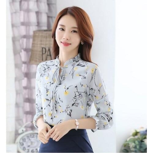 New Floral Shirts Hot Sales Fashion Women Blouses Slim Three Qurter Lantern Sleeve Bow Tied Casual Camisa S-3XL