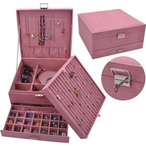 New Style Luxury Jewelry Boxes 3 Layers With Lock Large Space Organizer For Ring And Necklace Velvet Jewelry Holder 4 Color