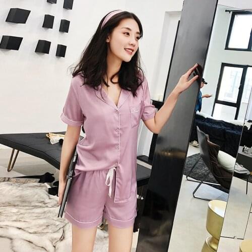 Sexy purple satins ice silk shorts pajamas sets women summer Korea fresh women short sleeve shorts sleepwear women pyjamas