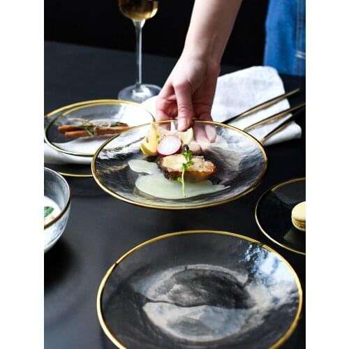 Golden edge Transparent Glass Salad Bowl Cute Creative Personality Nordic Household Fruit Plate