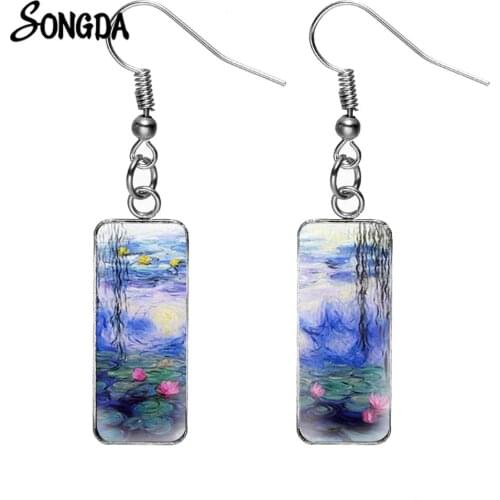 Retro Monet Water Lily Oil Painting Dangle Earrings Handmade Art Picture Glass Cabochon Rectangle Fish Hook Earrings Pendientes