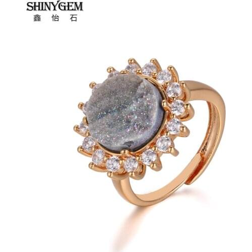 ShinyGem 2020 Natural Stone Adjustable Grey Druzy Sparkling Rings Gold Plating Zircon Sun Flower Vintage Rings Wedding For Women