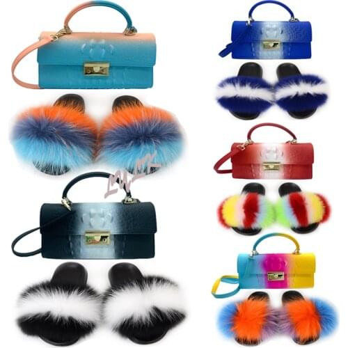 Summer Womens Fox Fur Slippers Ladies Fluffy Slides Plush Flip Flops Shoulder Messenger Bag Set Female PVC Color Jelly Handbag