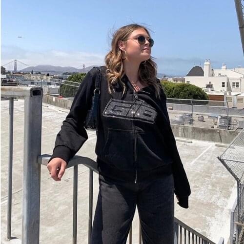 Rhinestone Letter Print Women Long Sleeve Sweatshirt Hoodis Zipper Loose Oversized Streetwear Casual 2021 Autumn Winter grunge