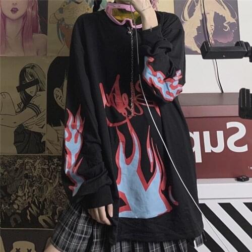 Streetwear Hoodie Gothic Thin Sweatshirts 2021 New Flame Print Sweatshirt Style Harajuku Sweatshirts O-neck Hoodies Autumn