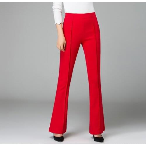 2021Red Pants Denim Women High Elastic Waist Bell-Bottom Long Jeans Skinny Flare Dance Pants Casual Elegant Red Pants