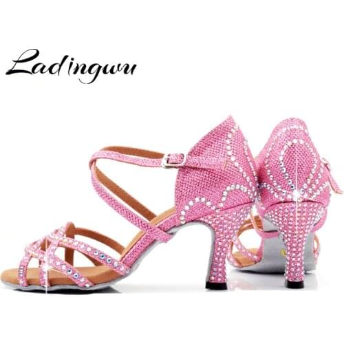 Ladingwu Pink Glitter Dance Shoes Latin Woman Crown Pattern Rhinestone Design Ballroom Dance Shoes Girls Profession Salsa Shoes