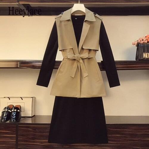 Plus Size Women Autumn Elegant Two Pieces Sets 4XL Long Sleeve Basic Knitted Sweater Dresses And Bandage windbreaker vest Suits