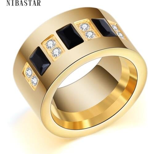 Fashion Gold Color 316L Stainless Steel Wedding Ring With Black and White Cubic Zirconia Ring For Women