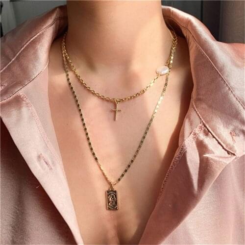 Boho New 2021 Fashion Multilevel Faux Pearl Gold Cross Square Head Pendant Necklace For Women Female Vintage Collar Jewelry Gift