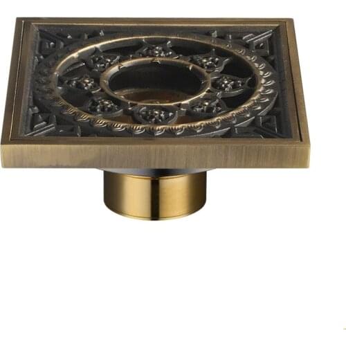 10cm Floor Drain Square Antique Brass Shower Drain Strainer Floor Cover Art Carved Balcony Bathroom Accessories Grate Waste