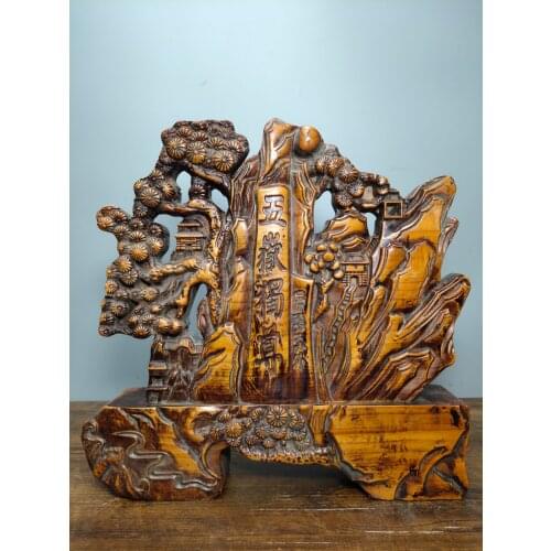 12" China Lucky Old Boxwood Five Sacred Mountains Tarzan Hollow out screen Ornaments Town House Exorcism Ward off evil spirits