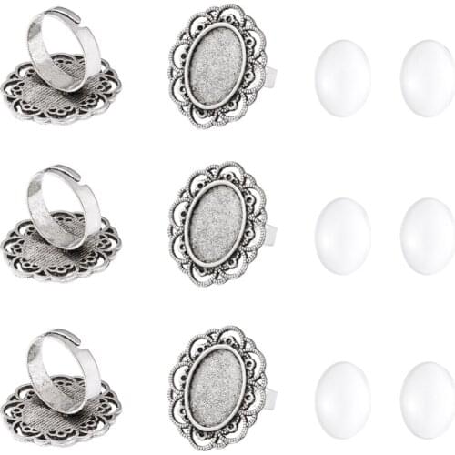 13x18mm Oval Transparent Glass Cabochons and Iron Flower Finger Ring Components Alloy Cabochon Bezel Settings for DIY, Antique