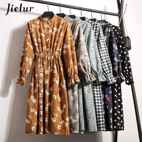 Jielur 16 Styles Corduroy Dress Vintage Floral Women Autumn Winter Thick Printed Long Sleeve Dress Elegant Casual Midi Vestido