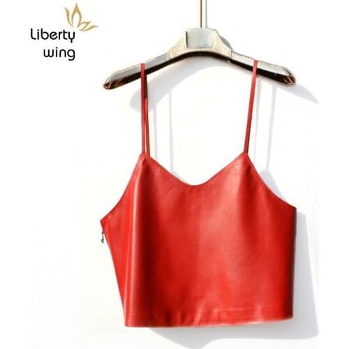 2020 Summer Sexy Women Backless Suspenders Vest Cropped Waistcoat Genuine Leather Jacket V Neck Short Style Female Outwear Coats