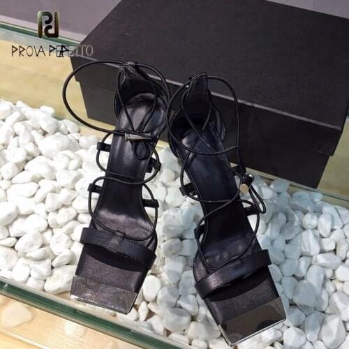 Metal square toe ankle strap Roman open toe stiletto black blue sexy leather sandals 2021 summer new super high heels for women