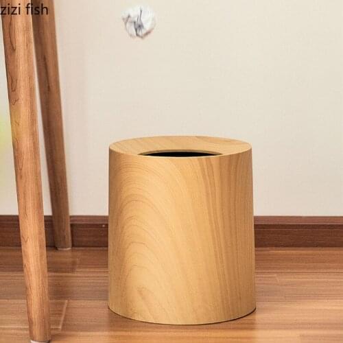 Double Layer Imitation Wood Grain Trash Can Plastic Round Wastebasket Waste Bins Home Storage Tube Garbage Bin Kitchen Trash Bin