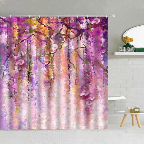 Purple Watercolor Flower Shower Curtain Green Vine Brick Wall Rose Floral Bird Bathroom Supplies Fabric Bath Screen With Hooks