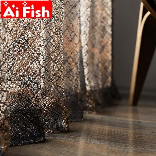 Geometric Hollow Coffee Gold Tulle Curtains for Living Room Luxury Delicate Elegant Drapery Curtain for Bedroom Sheer Voile #30