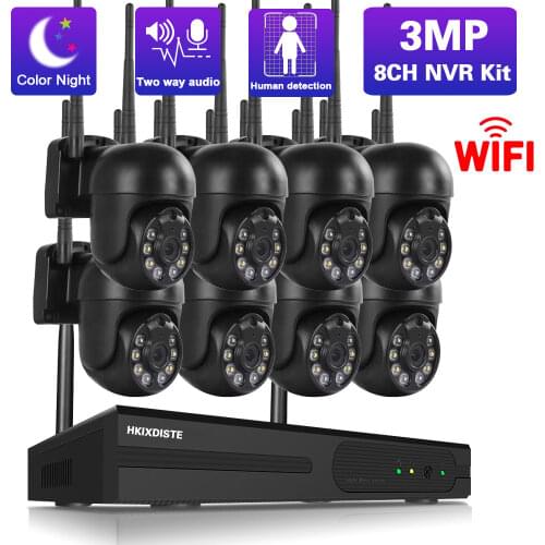 3MP 8 Channel Wireless CCTV Camera Kit Wifi NVR Set Outdoor Two Way Audio PTZ IP Security Camera System Video Surveillance Kit