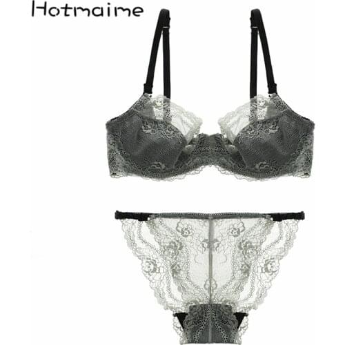 Bra set sexy female ultra-thin cutout lace push up bra thin breathable underwear plus size bra set transparent lingerie sets