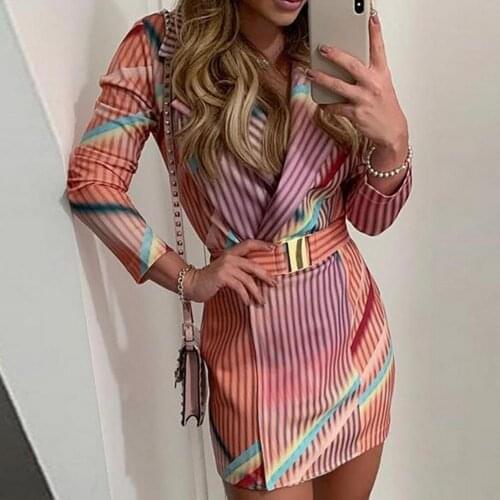 Trendy Elegant Tailored Skirt Blazer Dress Comfortable Lightweight Striped Print Multi Color Mini Shirt Dress Office Lady Wear